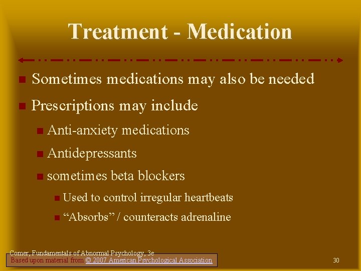 Treatment - Medication Sometimes medications may also be needed Prescriptions may include Anti-anxiety medications Treatment - Medication Sometimes medications may also be needed Prescriptions may include Anti-anxiety medications