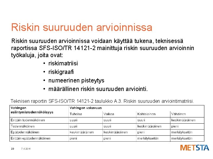 Riskin suuruuden arvioinnissa voidaan käyttää tukena, teknisessä raportissa SFS-ISO/TR 14121 -2 mainittuja riskin suuruuden