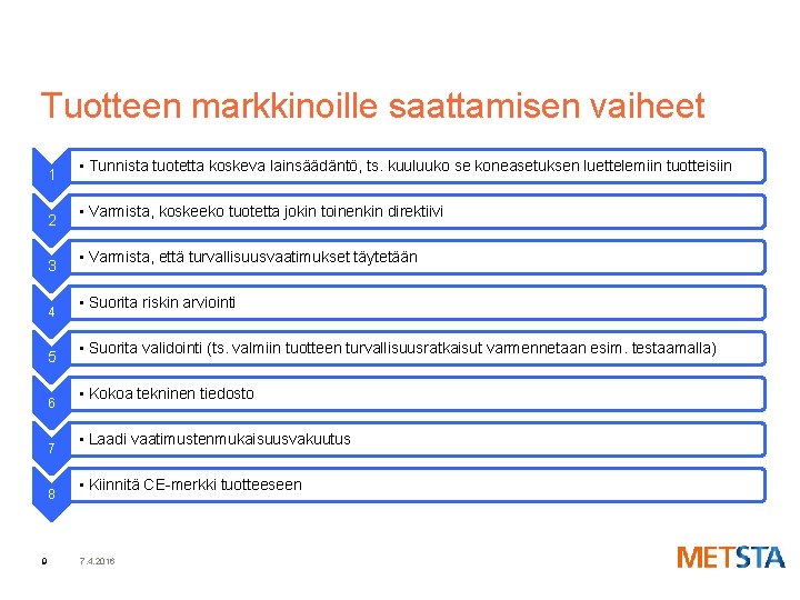 Tuotteen markkinoille saattamisen vaiheet 1 2 3 4 5 6 7 8 9 •