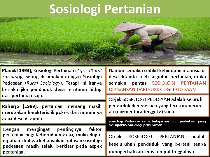 Sosiologi Pertanian Planck (1993), Sosiologi Pertanian (Agricultural Sociology) sering disamakan dengan Sosiologi Pedesaan (Rural