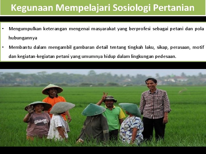 Kegunaan Mempelajari Sosiologi Pertanian • Mengumpulkan keterangan mengenai masyarakat yang berprofesi sebagai petani dan