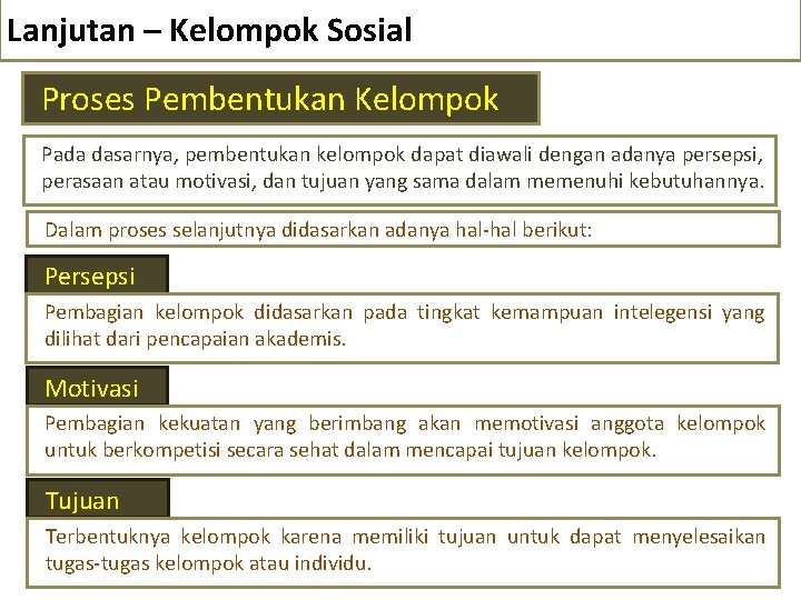 Lanjutan – Kelompok Sosial Proses Pembentukan Kelompok Pada dasarnya, pembentukan kelompok dapat diawali dengan