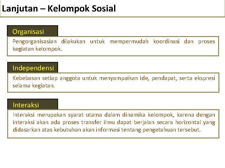 Lanjutan – Kelompok Sosial Organisasi Pengorganisasian dilakukan untuk mempermudah koordinasi dan proses kegiatan kelompok.