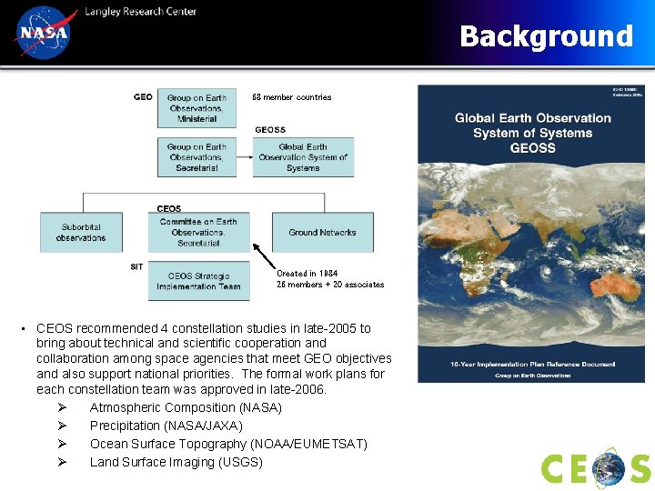 Background 68 member countries Created in 1984 26 members + 20 associates • CEOS