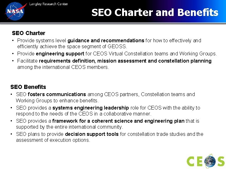 SEO Charter and Benefits SEO Charter • Provide systems level guidance and recommendations for