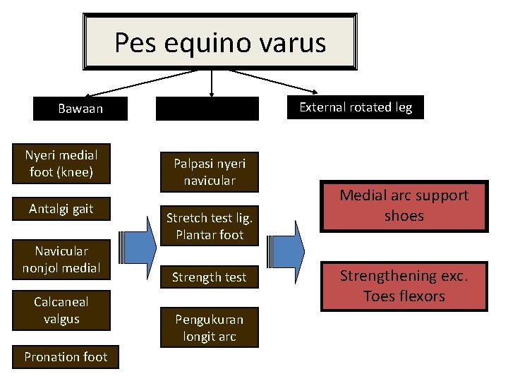 Pes equino varus External rotated leg Bawaan Nyeri medial foot (knee) Antalgi gait Navicular