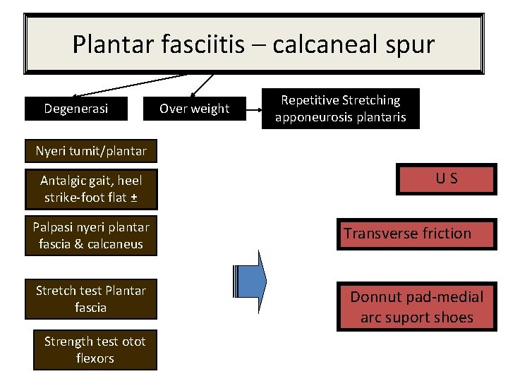 Plantar fasciitis – calcaneal spur Degenerasi Over weight Repetitive Stretching apponeurosis plantaris Nyeri tumit/plantar