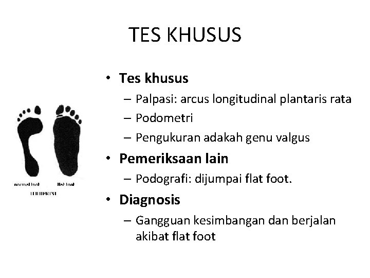 TES KHUSUS • Tes khusus – Palpasi: arcus longitudinal plantaris rata – Podometri –