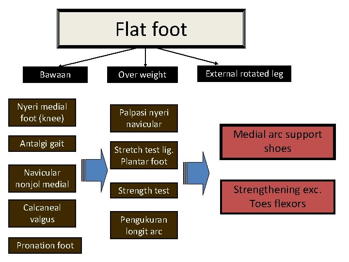 Flat foot Bawaan Nyeri medial foot (knee) Antalgi gait Navicular nonjol medial Calcaneal valgus
