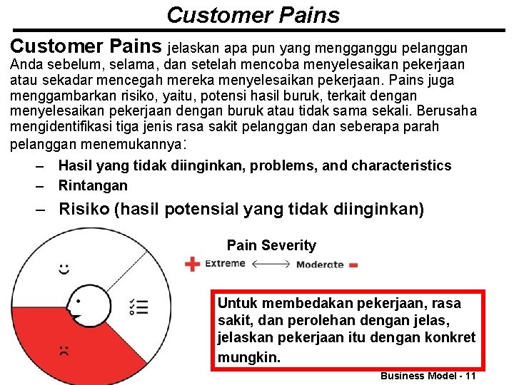 Customer Pains jelaskan apa pun yang mengganggu pelanggan Anda sebelum, selama, dan setelah mencoba