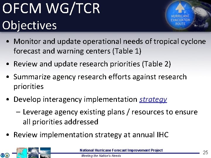 OFCM WG/TCR Objectives • Monitor and update operational needs of tropical cyclone forecast and