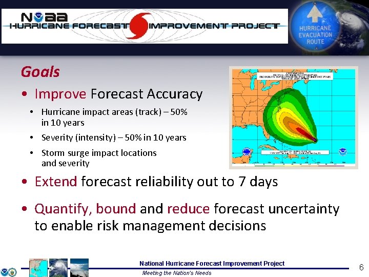 Goals • Improve Forecast Accuracy • Hurricane impact areas (track) – 50% in 10