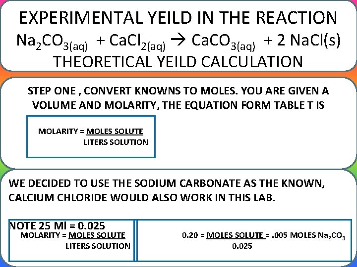 EXPERIMENTAL YEILD IN THE REACTION Na 2 CO 3(aq) + Ca. Cl 2(aq) Ca.