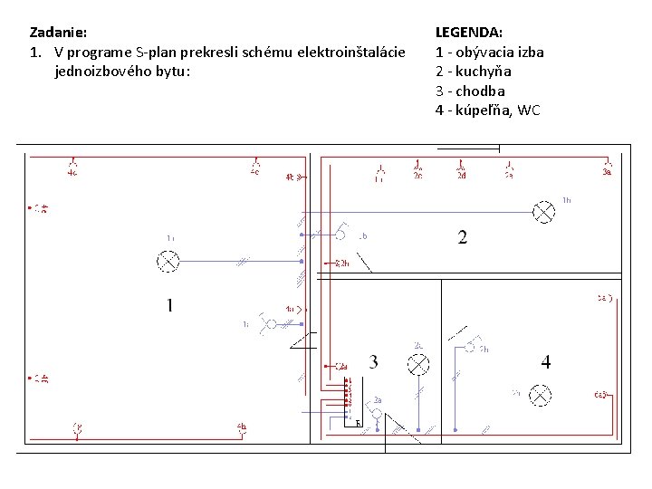 Zadanie: 1. V programe S-plan prekresli schému elektroinštalácie jednoizbového bytu: LEGENDA: 1 - obývacia