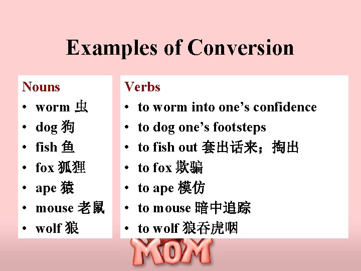 Examples of Conversion Nouns • worm 虫 • dog 狗 • fish 鱼 •