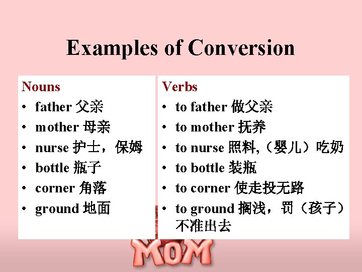 Examples of Conversion Nouns • father 父亲 • mother 母亲 • nurse 护士，保姆 •