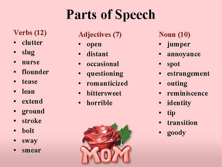 Parts of Speech Verbs (12) • clutter • slug • nurse • flounder •
