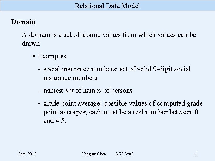 Relational Data Model Domain A domain is a set of atomic values from which