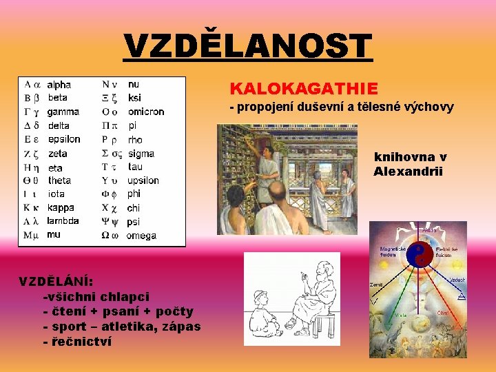 VZDĚLANOST KALOKAGATHIE - propojení duševní a tělesné výchovy knihovna v Alexandrii VZDĚLÁNÍ: -všichni chlapci