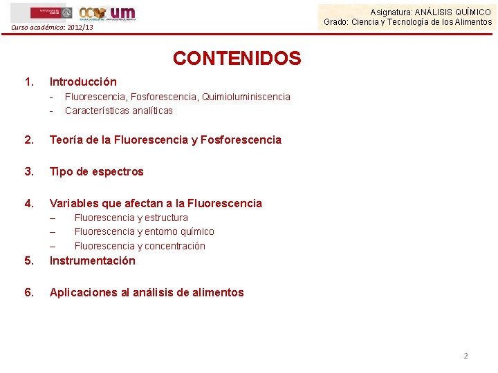 Asignatura: ANÁLISIS QUÍMICO Grado: Ciencia y Tecnología de los Alimentos Curso académico: 2012/13 CONTENIDOS