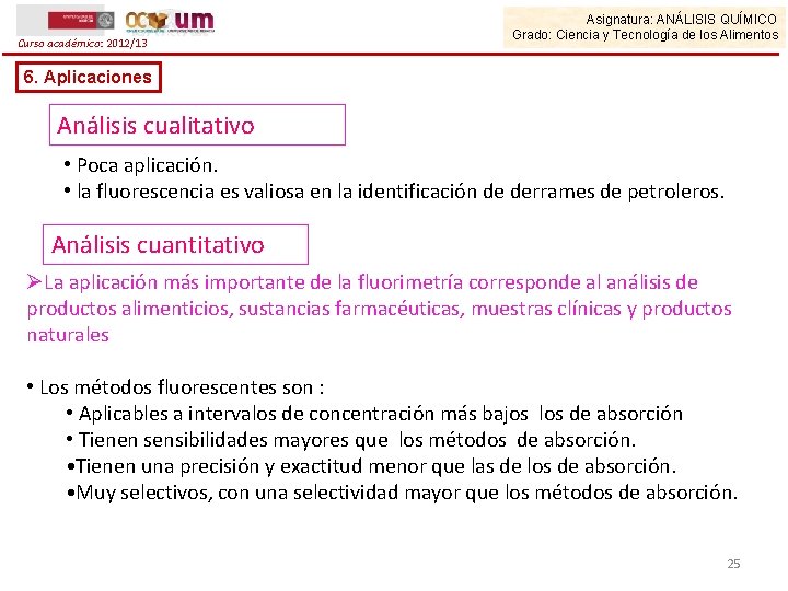 Curso académico: 2012/13 Asignatura: ANÁLISIS QUÍMICO Grado: Ciencia y Tecnología de los Alimentos 6.