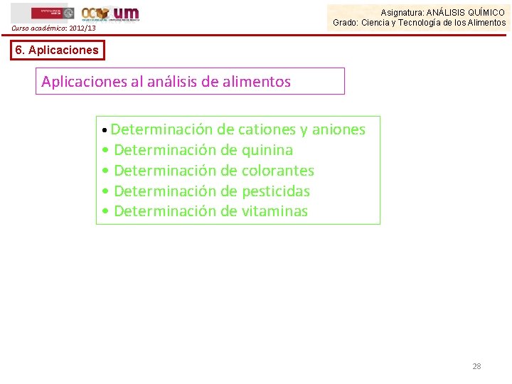 Asignatura: ANÁLISIS QUÍMICO Grado: Ciencia y Tecnología de los Alimentos Curso académico: 2012/13 6.