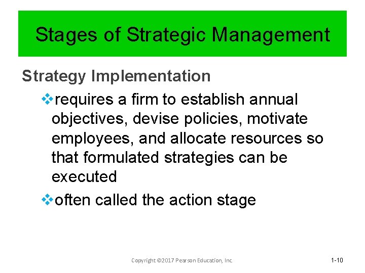 Stages of Strategic Management Strategy Implementation vrequires a firm to establish annual objectives, devise