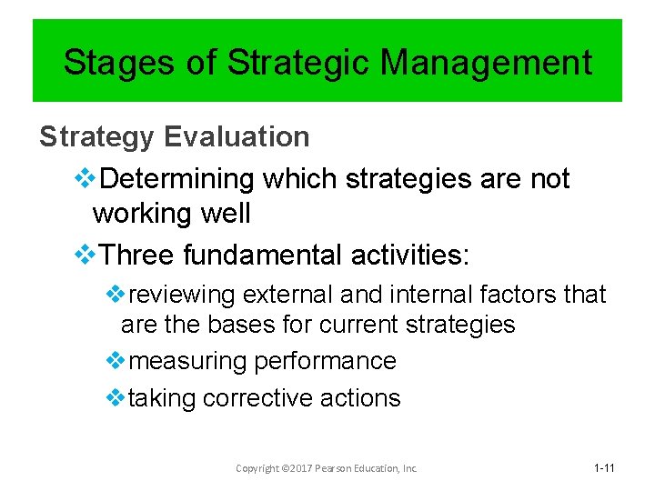 Stages of Strategic Management Strategy Evaluation v. Determining which strategies are not working well