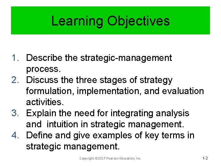 Learning Objectives 1. Describe the strategic-management process. 2. Discuss the three stages of strategy