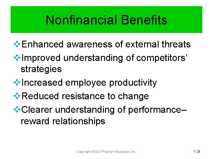 Nonfinancial Benefits v. Enhanced awareness of external threats v. Improved understanding of competitors’ strategies