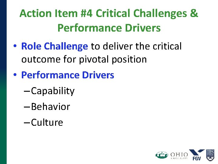Action Item #4 Critical Challenges & Performance Drivers • Role Challenge to deliver the Action Item #4 Critical Challenges & Performance Drivers • Role Challenge to deliver the