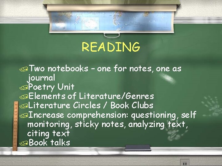 READING /Two notebooks – one for notes, one as journal /Poetry Unit /Elements of