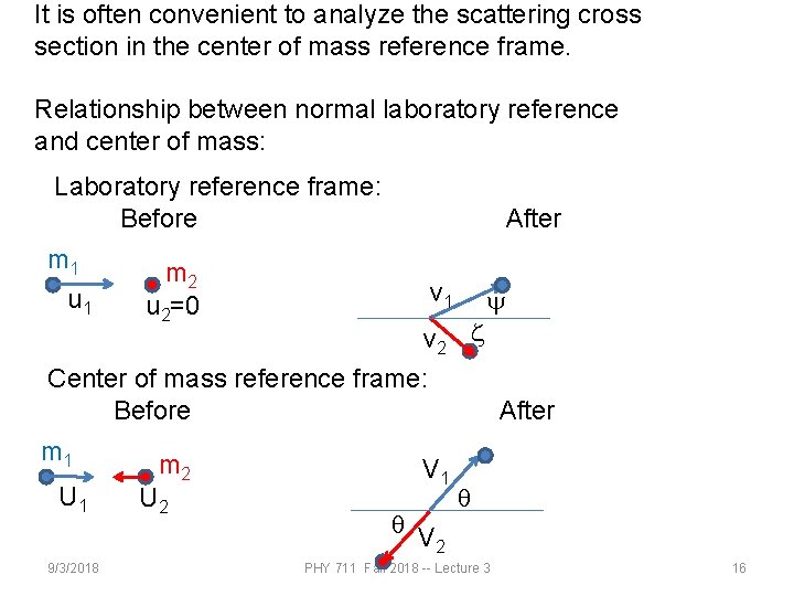 It is often convenient to analyze the scattering cross section in the center of It is often convenient to analyze the scattering cross section in the center of