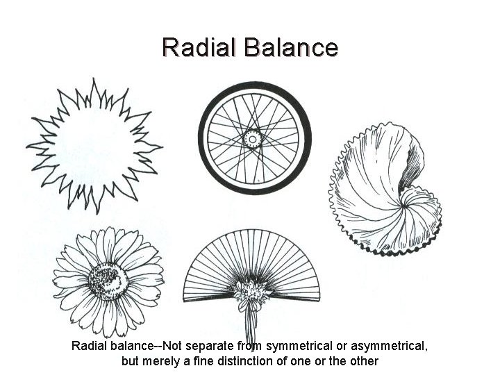 Radial Balance Radial balance--Not separate from symmetrical or asymmetrical, but merely a fine distinction