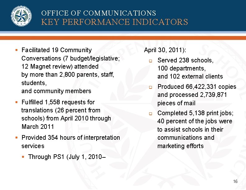 OFFICE OF COMMUNICATIONS KEY PERFORMANCE INDICATORS § Facilitated 19 Community Conversations (7 budget/legislative; 12 OFFICE OF COMMUNICATIONS KEY PERFORMANCE INDICATORS § Facilitated 19 Community Conversations (7 budget/legislative; 12