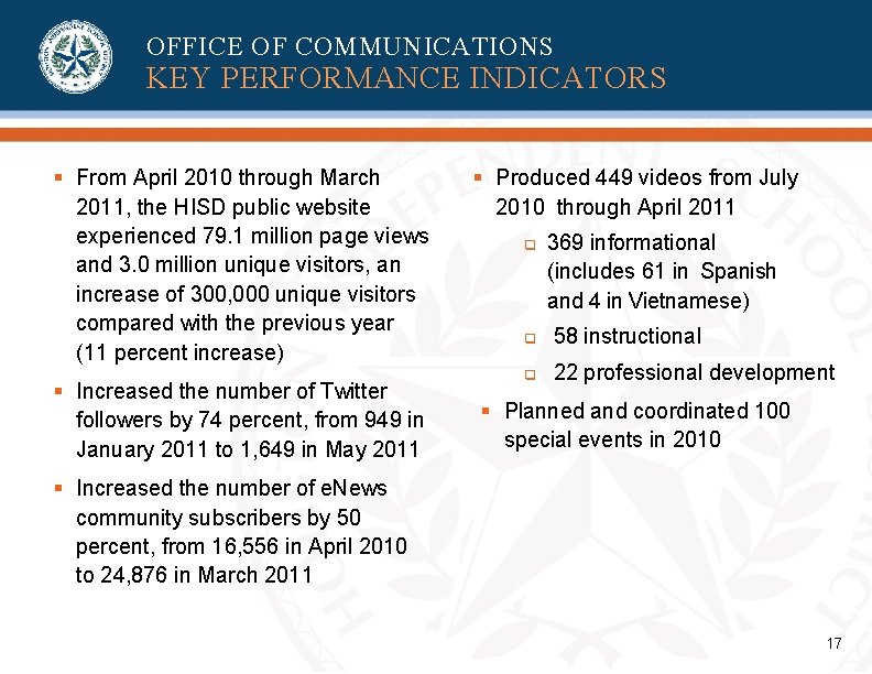 OFFICE OF COMMUNICATIONS KEY PERFORMANCE INDICATORS § From April 2010 through March 2011, the OFFICE OF COMMUNICATIONS KEY PERFORMANCE INDICATORS § From April 2010 through March 2011, the