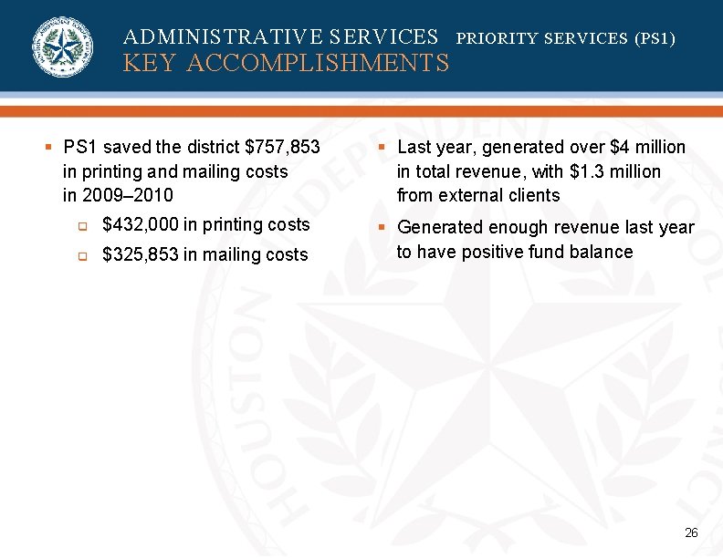 ADMINISTRATIVE SERVICES PRIORITY SERVICES (PS 1) KEY ACCOMPLISHMENTS § PS 1 saved the district ADMINISTRATIVE SERVICES PRIORITY SERVICES (PS 1) KEY ACCOMPLISHMENTS § PS 1 saved the district