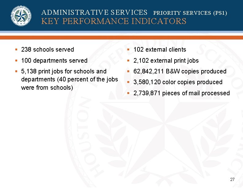 ADMINISTRATIVE SERVICES PRIORITY SERVICES (PS 1) KEY PERFORMANCE INDICATORS § 238 schools served § ADMINISTRATIVE SERVICES PRIORITY SERVICES (PS 1) KEY PERFORMANCE INDICATORS § 238 schools served §