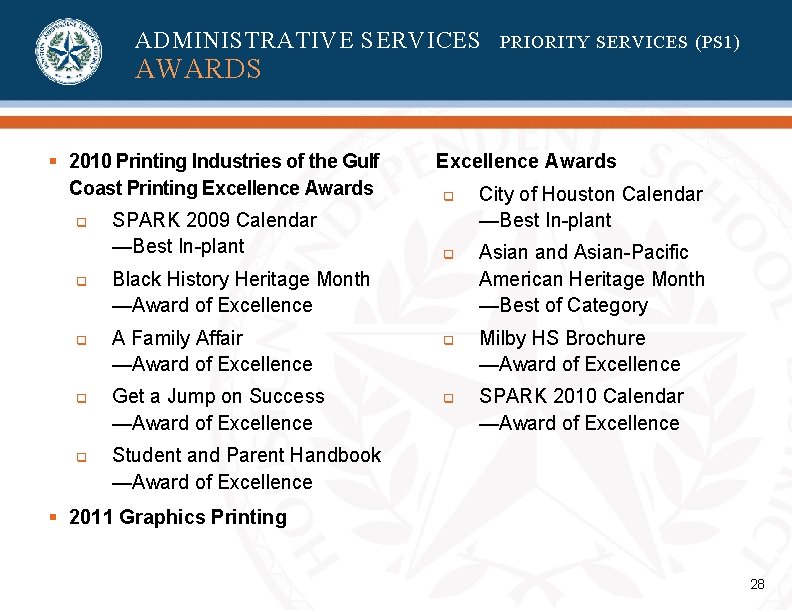 ADMINISTRATIVE SERVICES PRIORITY SERVICES (PS 1) AWARDS § 2010 Printing Industries of the Gulf ADMINISTRATIVE SERVICES PRIORITY SERVICES (PS 1) AWARDS § 2010 Printing Industries of the Gulf