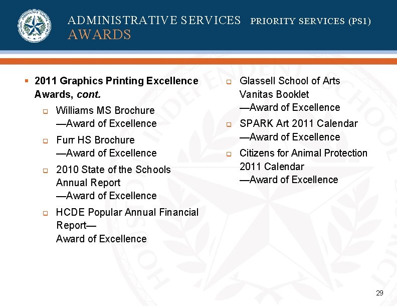 ADMINISTRATIVE SERVICES PRIORITY SERVICES (PS 1) AWARDS § 2011 Graphics Printing Excellence Awards, cont. ADMINISTRATIVE SERVICES PRIORITY SERVICES (PS 1) AWARDS § 2011 Graphics Printing Excellence Awards, cont.