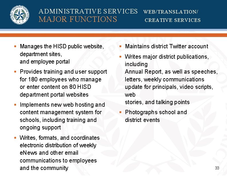 ADMINISTRATIVE SERVICES MAJOR FUNCTIONS § Manages the HISD public website, department sites, and employee ADMINISTRATIVE SERVICES MAJOR FUNCTIONS § Manages the HISD public website, department sites, and employee
