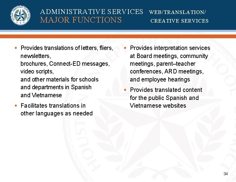 ADMINISTRATIVE SERVICES MAJOR FUNCTIONS § Provides translations of letters, fliers, newsletters, brochures, Connect-ED messages, ADMINISTRATIVE SERVICES MAJOR FUNCTIONS § Provides translations of letters, fliers, newsletters, brochures, Connect-ED messages,