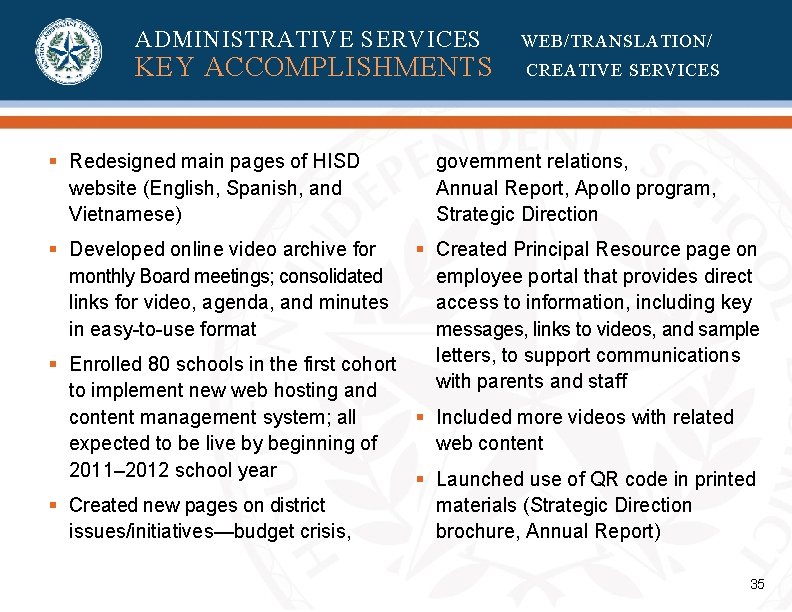 ADMINISTRATIVE SERVICES KEY ACCOMPLISHMENTS § Redesigned main pages of HISD website (English, Spanish, and ADMINISTRATIVE SERVICES KEY ACCOMPLISHMENTS § Redesigned main pages of HISD website (English, Spanish, and