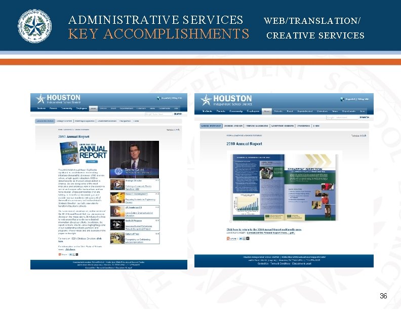 ADMINISTRATIVE SERVICES KEY ACCOMPLISHMENTS WEB/TRANSLATION/ CREATIVE SERVICES 36 ADMINISTRATIVE SERVICES KEY ACCOMPLISHMENTS WEB/TRANSLATION/ CREATIVE SERVICES 36