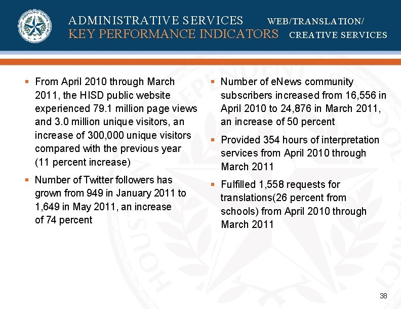 ADMINISTRATIVE SERVICES WEB/TRANSLATION/ KEY PERFORMANCE INDICATORS CREATIVE SERVICES § From April 2010 through March ADMINISTRATIVE SERVICES WEB/TRANSLATION/ KEY PERFORMANCE INDICATORS CREATIVE SERVICES § From April 2010 through March