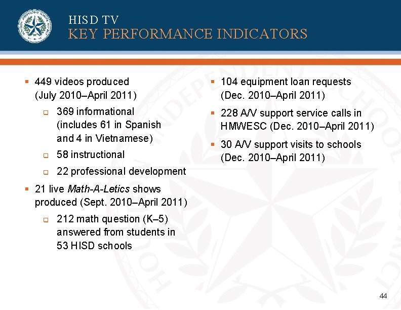 HISD TV KEY PERFORMANCE INDICATORS § 449 videos produced (July 2010–April 2011) q 369 HISD TV KEY PERFORMANCE INDICATORS § 449 videos produced (July 2010–April 2011) q 369
