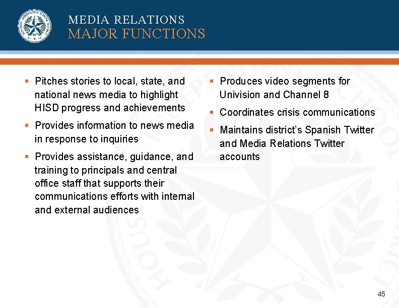 MEDIA RELATIONS MAJOR FUNCTIONS § Pitches stories to local, state, and national news media MEDIA RELATIONS MAJOR FUNCTIONS § Pitches stories to local, state, and national news media