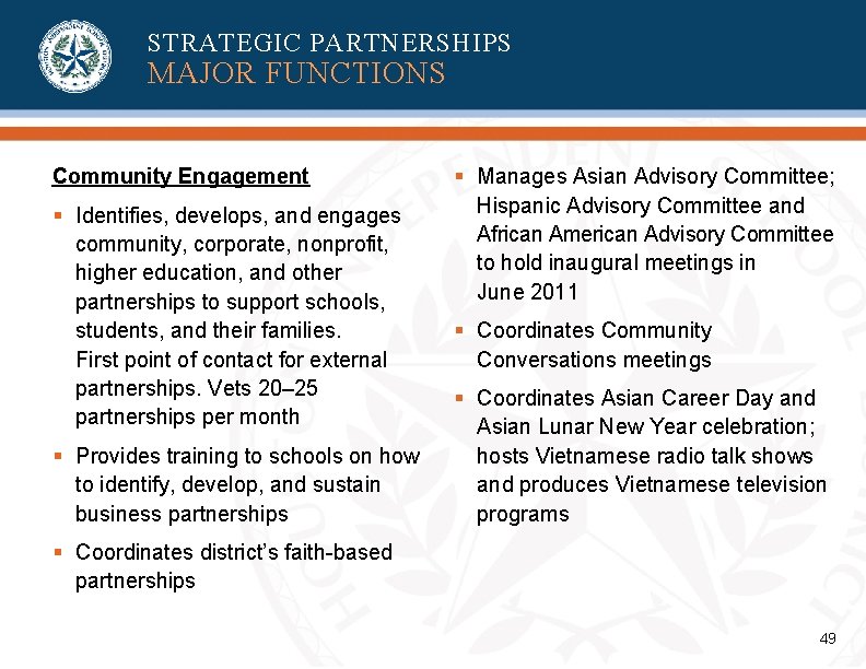STRATEGIC PARTNERSHIPS MAJOR FUNCTIONS Community Engagement § Identifies, develops, and engages community, corporate, nonprofit, STRATEGIC PARTNERSHIPS MAJOR FUNCTIONS Community Engagement § Identifies, develops, and engages community, corporate, nonprofit,