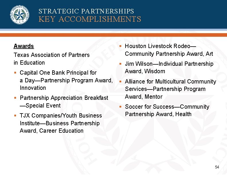 STRATEGIC PARTNERSHIPS KEY ACCOMPLISHMENTS Awards Texas Association of Partners in Education § Capital One STRATEGIC PARTNERSHIPS KEY ACCOMPLISHMENTS Awards Texas Association of Partners in Education § Capital One