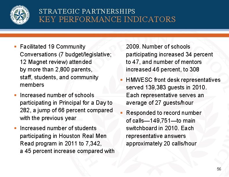 STRATEGIC PARTNERSHIPS KEY PERFORMANCE INDICATORS § Facilitated 19 Community Conversations (7 budget/legislative; 12 Magnet STRATEGIC PARTNERSHIPS KEY PERFORMANCE INDICATORS § Facilitated 19 Community Conversations (7 budget/legislative; 12 Magnet